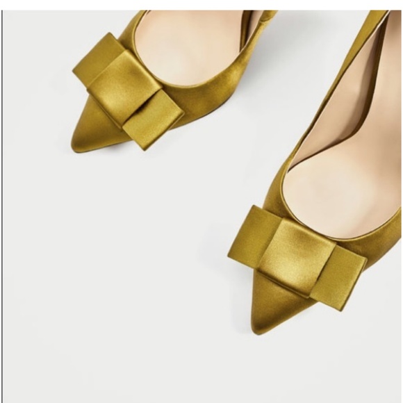 ZARA BASIC CHARTREUSE SATIN BOW HEELS SZ 36 SATEEN FORMAL WEDDING TUXEDO CHURCH - Picture 3 of 16